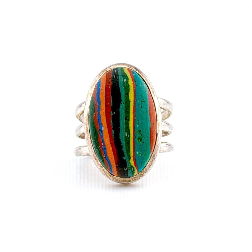 Statement Sterling Silver Multi Color Rainbow Calsilica Stripe Ring Size 8